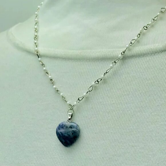 Beaded Chain Necklace With Blue Rhodonite Stone Heart Shape Pendant, Handmade - Picture 13 of 14